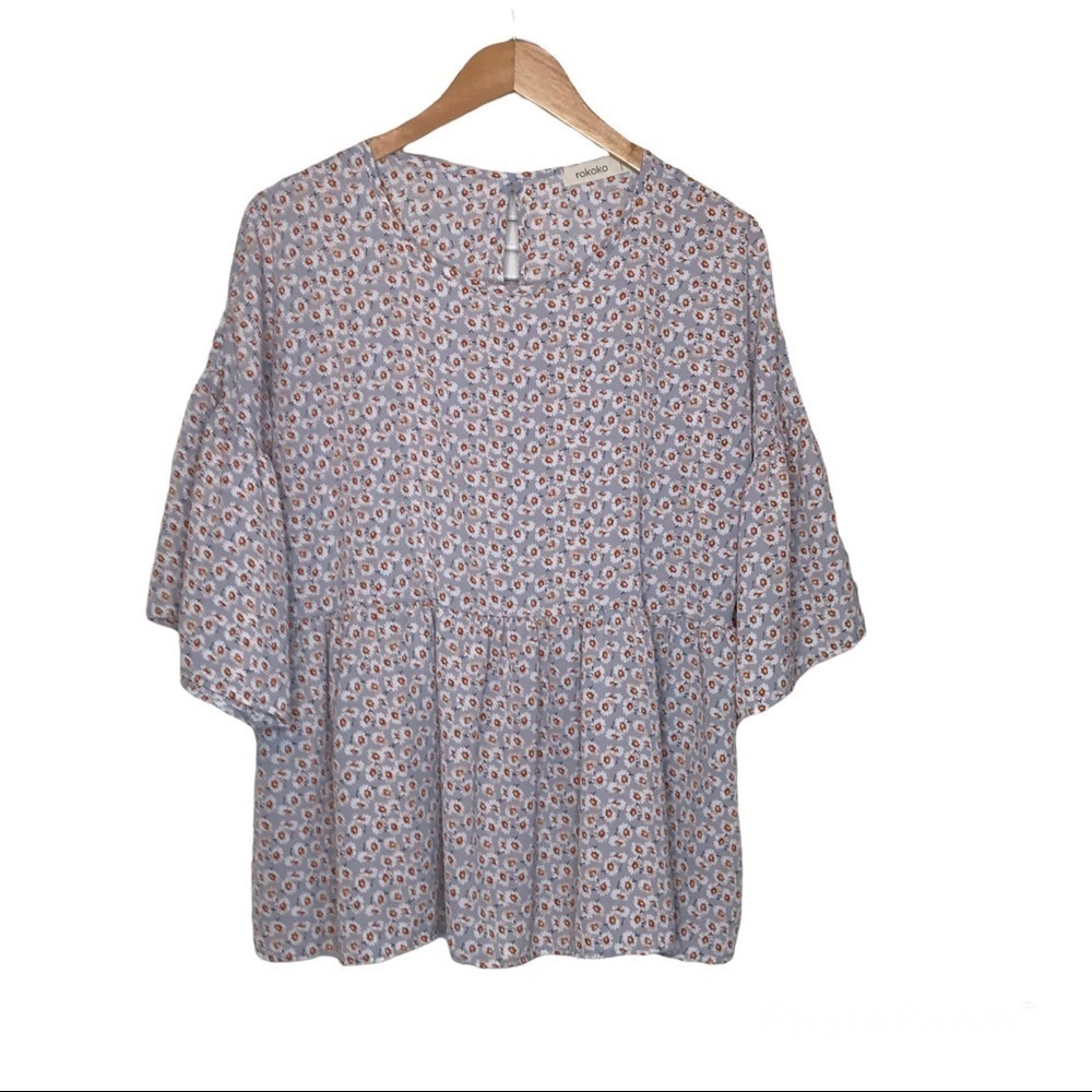 Rokoko Womens Size S Babydoll Pullover Top Bell Sleeve Keyhole Floral Stretch‎